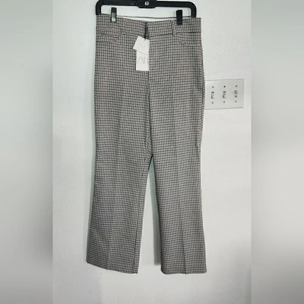 NWT Zara Plaid Beige And Black High Rise Flare Pants Size Large - Picture 2 of 13